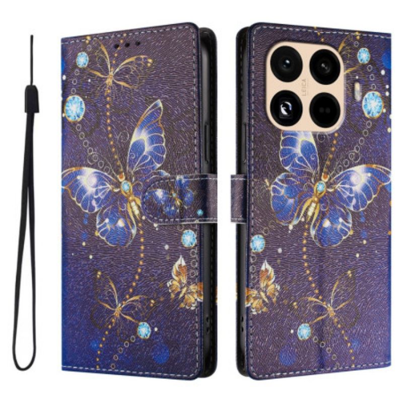 Folio-hoesje Xiaomi 15t Pro Telefoonhoesje Gouden En Blauwe Vlinders