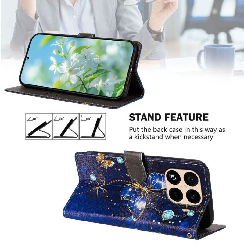 Folio-hoesje Xiaomi 15t Pro Telefoonhoesje Gouden En Blauwe Vlinders