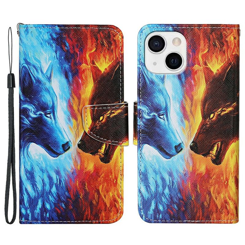 Flip Case Leren iPhone 13 Wolf Oorlog Met Lanyard