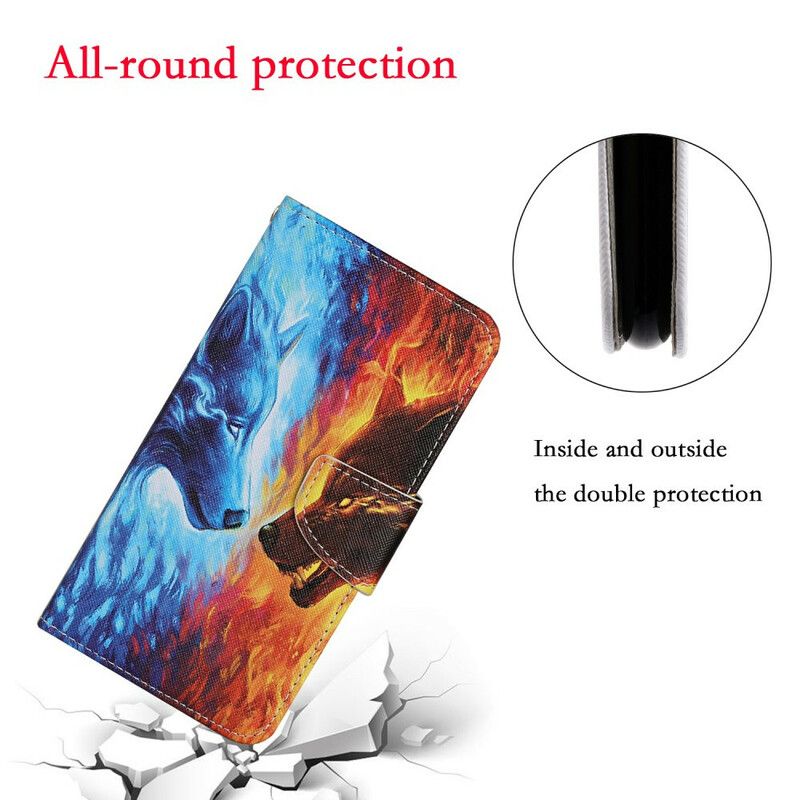 Flip Case Leren iPhone 13 Wolf Oorlog Met Lanyard