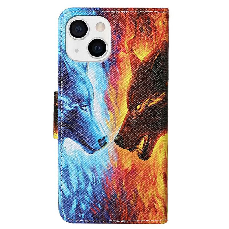 Flip Case Leren iPhone 13 Wolf Oorlog Met Lanyard
