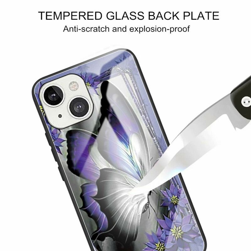 Hoesje iPhone 13 Paars Vlinder Gehard Glas Bescherming Hoesje