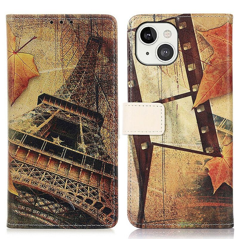 Leren Hoesje iPhone 13 Eiffeltoren In De Herfst