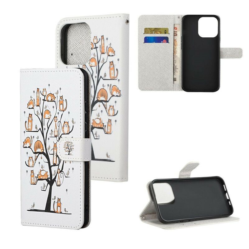 Leren Hoesje iPhone 13 Funky Cats Strappy Bescherming Hoesje