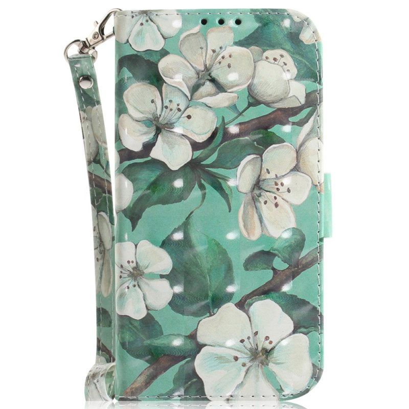 Folio-hoesje voor iPhone 15 Plus Met Ketting Witte Bloemen Met Riempje