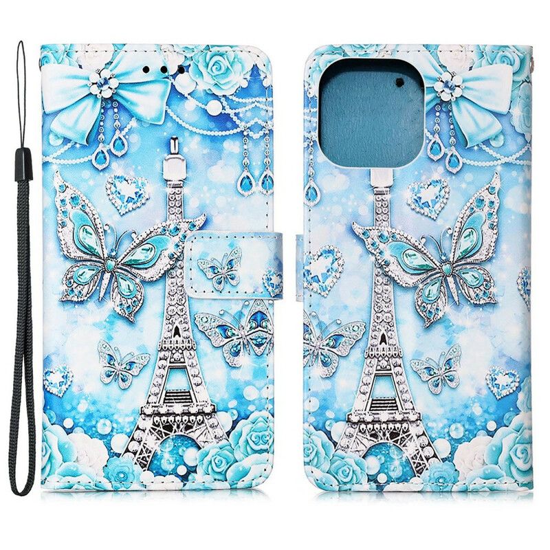 Bescherming Hoesje iPhone 13 Pro Max Eiffeltoren Vlinders Riem