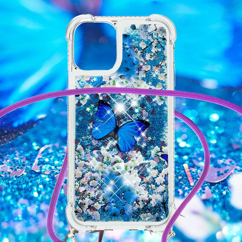 Hoesje iPhone 13 Pro Max Vlinder Pailletten Trekkoord