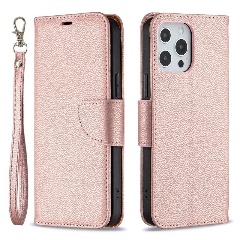 Leren Hoesje iPhone 13 Pro Max Gekleurd Lychee-leereffect Met Riem Bescherming Hoesje