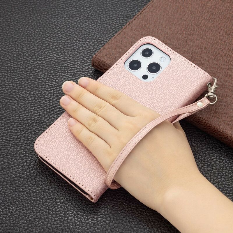 Leren Hoesje iPhone 13 Pro Max Gekleurd Lychee-leereffect Met Riem Bescherming Hoesje