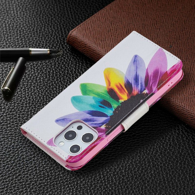 Leren Hoesje Voor iPhone 13 Pro Max Bloem Aquarel