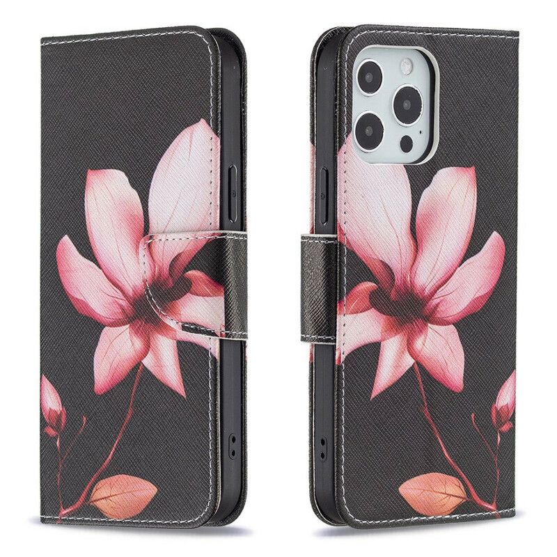 Leren Hoesje Voor iPhone 13 Pro Max Roze Bloem