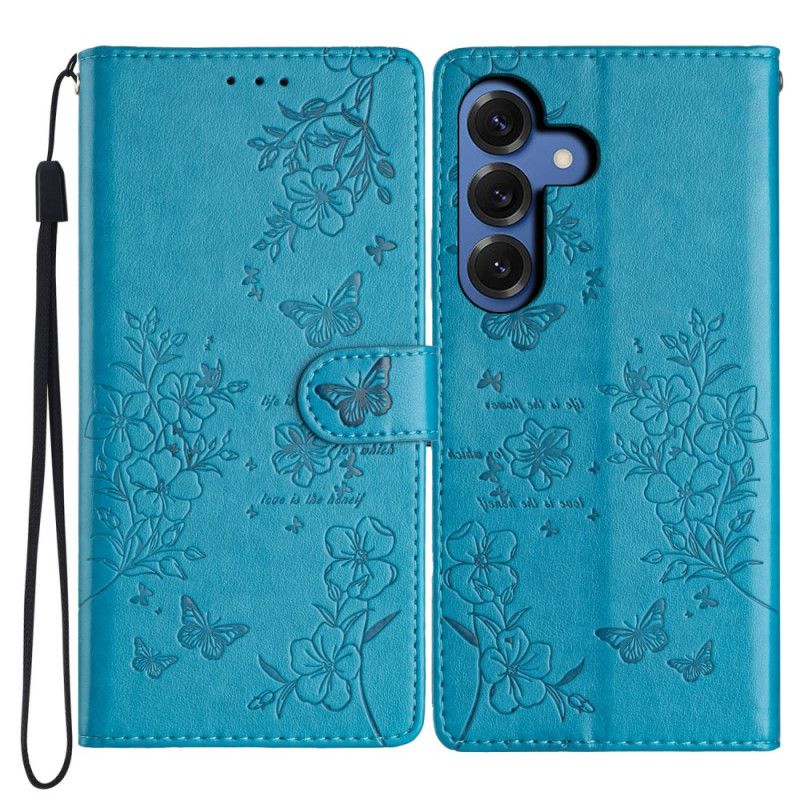 Bescherming Hoesje Samsung Galaxy S26 Plus Bloemen- En Vlinderontwerp En Sleutelkoord