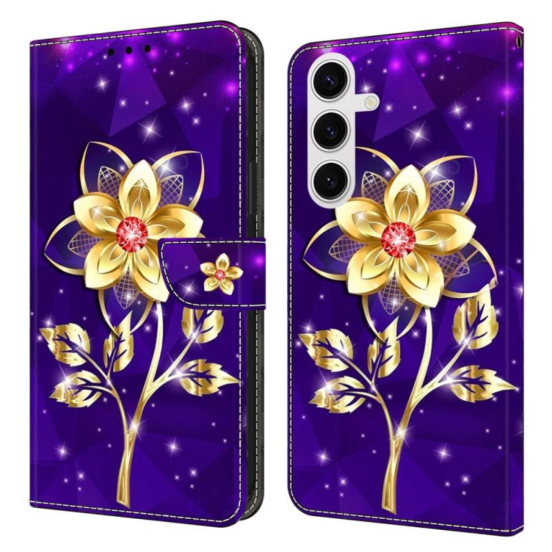 Folio-hoesje Samsung Galaxy S26 Plus Telefoonhoesje Gouden Bloemen Op Een Paarse Achtergrond