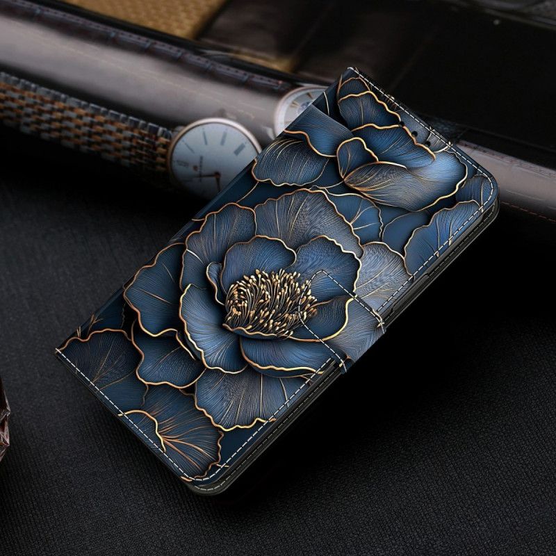 Leren Hoesje Samsung Galaxy S26 Plus Blauwe Pioenroos Bescherming Hoesje