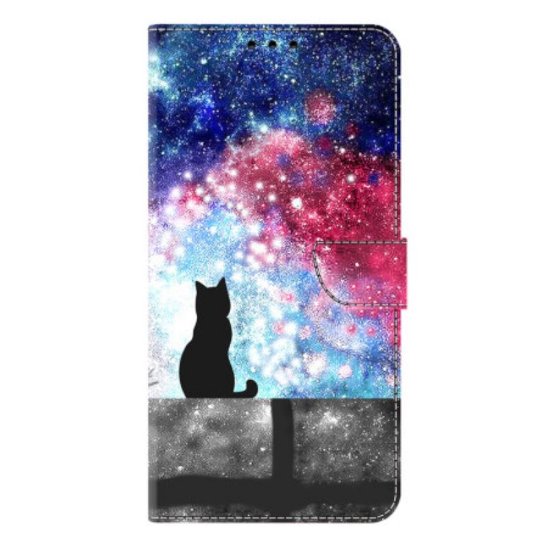 Leren Hoesje Samsung Galaxy S26 Plus Kat In Een Sterrenhemel Bescherming Hoesje