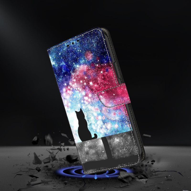 Leren Hoesje Samsung Galaxy S26 Plus Kat In Een Sterrenhemel Bescherming Hoesje