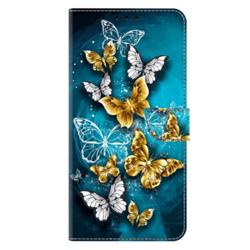 Leren Hoesje Voor Samsung Galaxy S26 Plus Gouden Vlinder Op Groen
