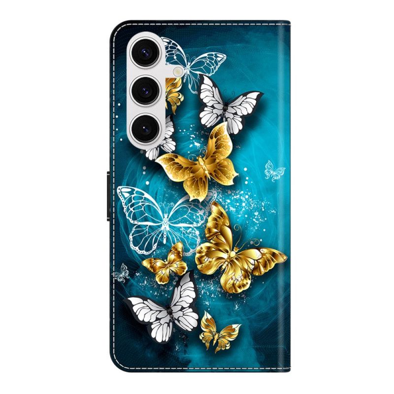 Leren Hoesje Voor Samsung Galaxy S26 Plus Gouden Vlinder Op Groen