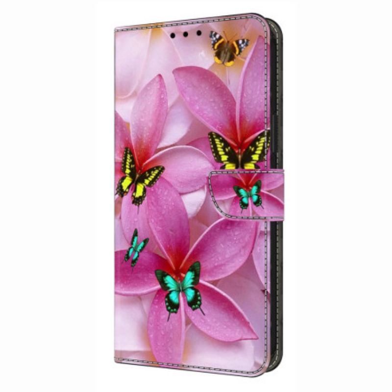 Leren Hoesje Voor Samsung Galaxy S26 Plus Roze Bloemenvlinders