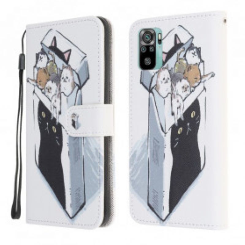 Folio-hoesje voor Xiaomi Redmi Note 10 / 10S Met Ketting Levering Katten Met Strings