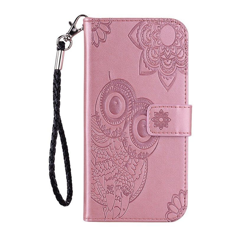 Leren Hoesje voor Xiaomi Redmi Note 10 / 10S Uil Mandala En Lanyard