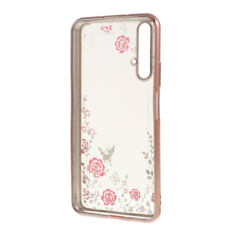 Case Hoesje Huawei Nova 5T Rose Goud Goud Telefoonhoesje Metalen Effectrand Met Vlinders