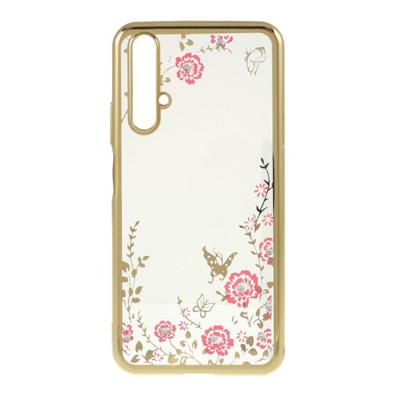 Case Hoesje Huawei Nova 5T Rose Goud Goud Telefoonhoesje Metalen Effectrand Met Vlinders