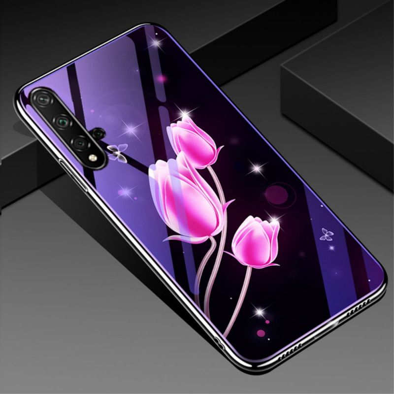 Hoesje Huawei Nova 5T Magenta Gehard Glas En Bloemensilicone