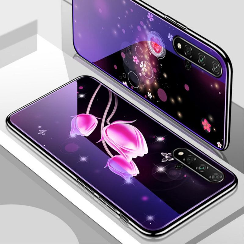 Hoesje Huawei Nova 5T Magenta Gehard Glas En Bloemensilicone