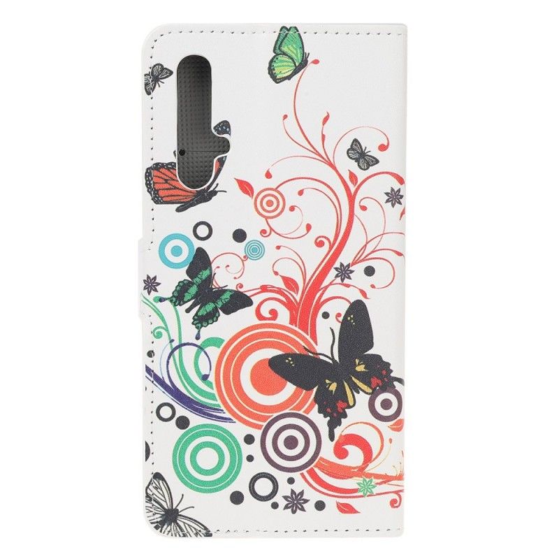 Leren Hoesje Huawei Nova 5T Wit Vlinders En Bloemen