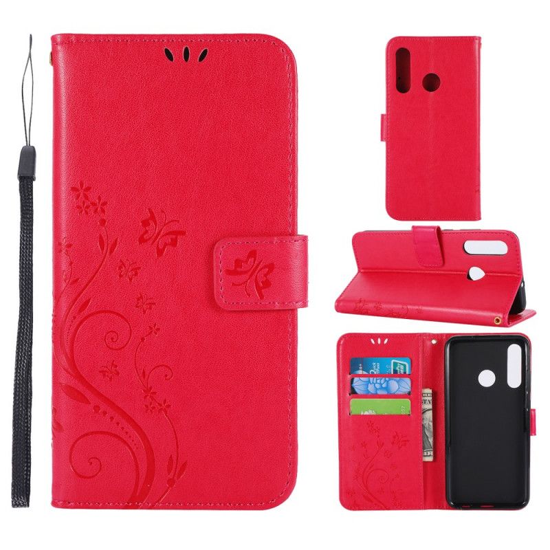 Flip Case Leren Honor 20e / 20 Lite Grijs Zwart Vlinderprint Met Lanyard