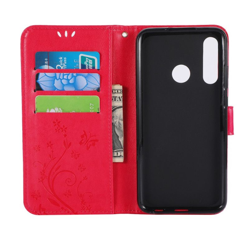 Flip Case Leren Honor 20e / 20 Lite Grijs Zwart Vlinderprint Met Lanyard