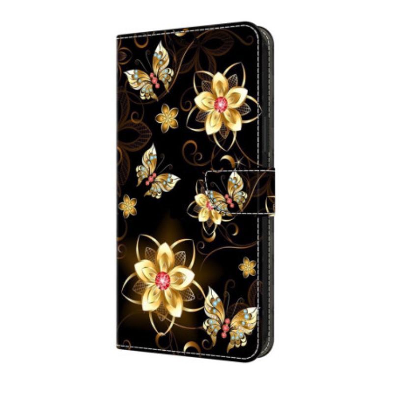 Leren Hoesje Voor Samsung Galaxy S25 Fe Gouden Bloemen En Vlinders