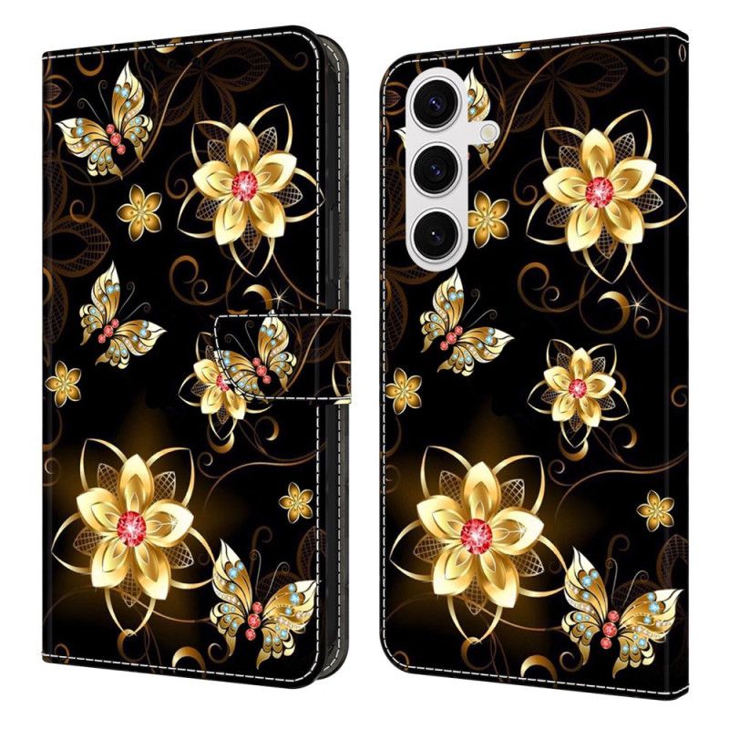 Leren Hoesje Voor Samsung Galaxy S25 Fe Gouden Bloemen En Vlinders