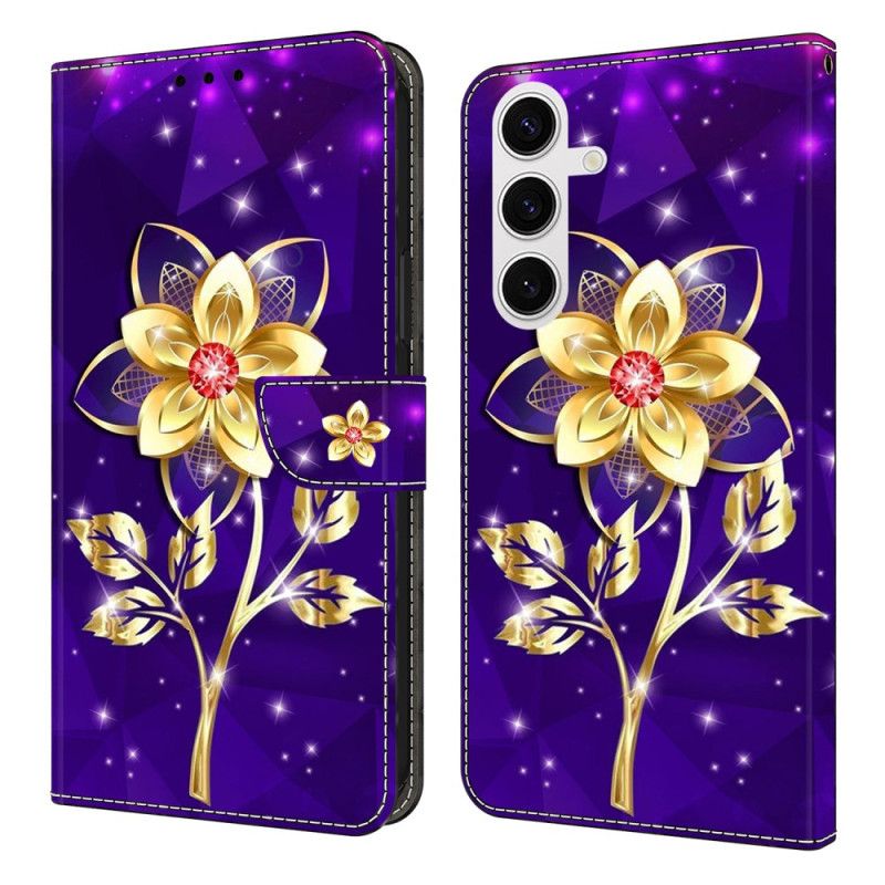 Leren Hoesje Voor Samsung Galaxy S25 Fe Gouden Bloemen Op Een Paarse Achtergrond