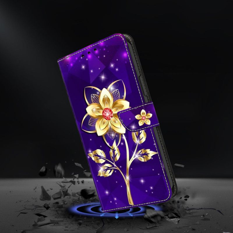 Leren Hoesje Voor Samsung Galaxy S25 Fe Gouden Bloemen Op Een Paarse Achtergrond