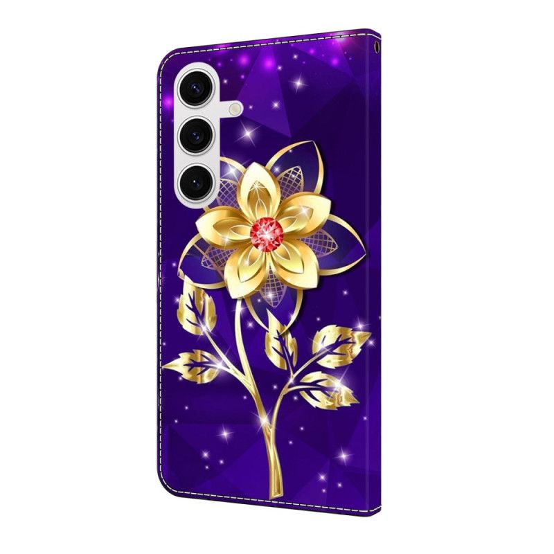 Leren Hoesje Voor Samsung Galaxy S25 Fe Gouden Bloemen Op Een Paarse Achtergrond