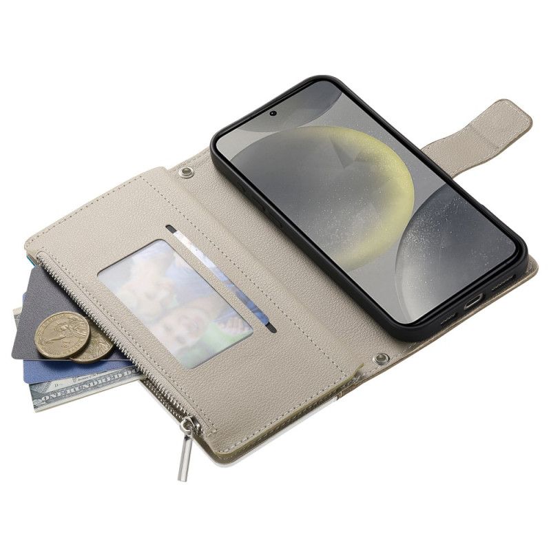 Leren Hoesje Voor Samsung Galaxy S25 Fe Leren Portemonnee Met Ritssluiting En Riempjes