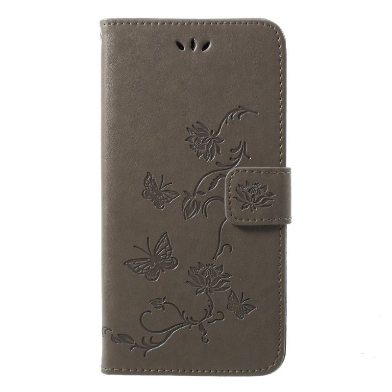 Flip Case Leren Huawei P20 Pro Grijs Zwart Vlinders En Stringbloemen