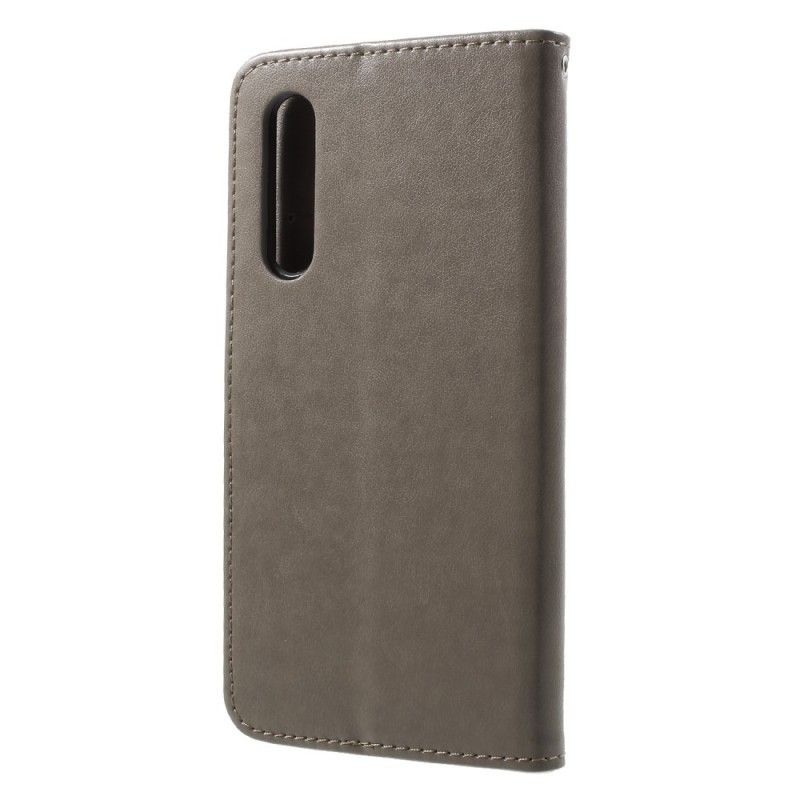Flip Case Leren Huawei P20 Pro Grijs Zwart Vlinders En Stringbloemen