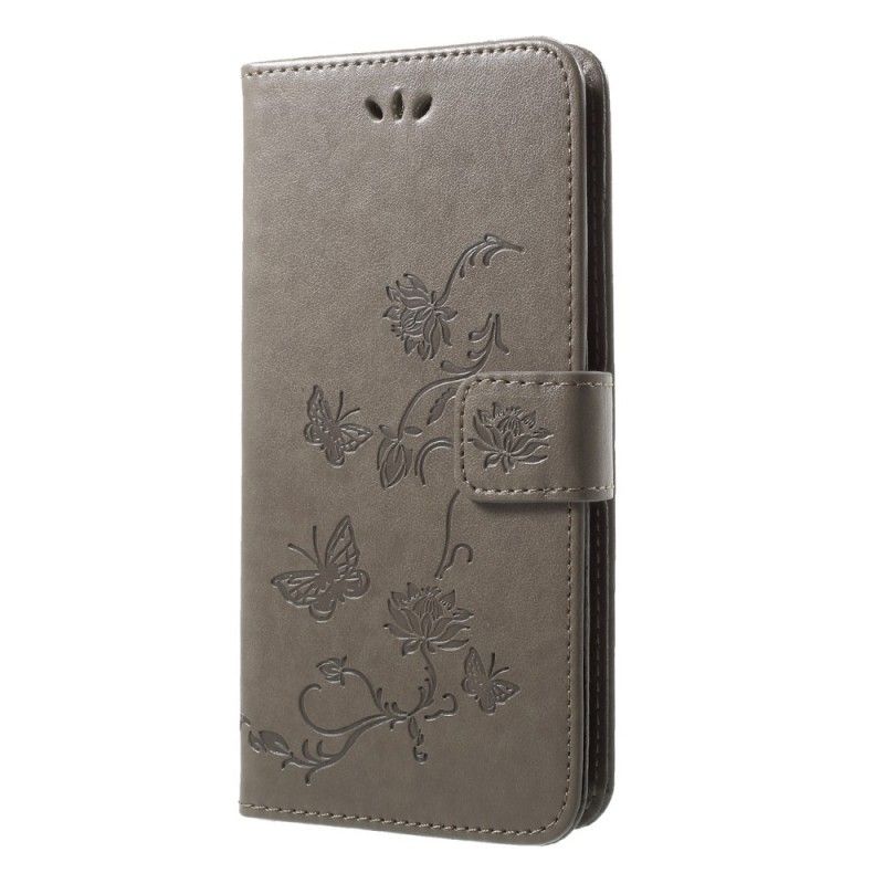 Flip Case Leren Huawei P20 Pro Grijs Zwart Vlinders En Stringbloemen