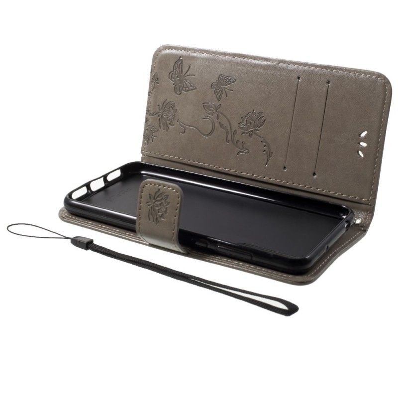 Flip Case Leren Huawei P20 Pro Grijs Zwart Vlinders En Stringbloemen