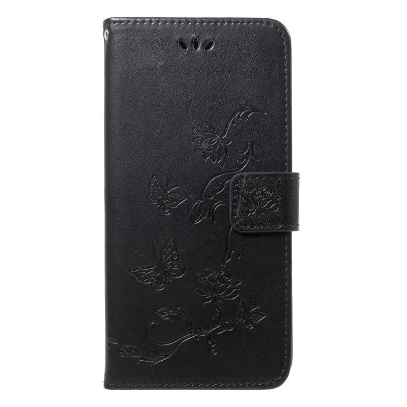 Flip Case Leren Huawei P20 Pro Grijs Zwart Vlinders En Stringbloemen