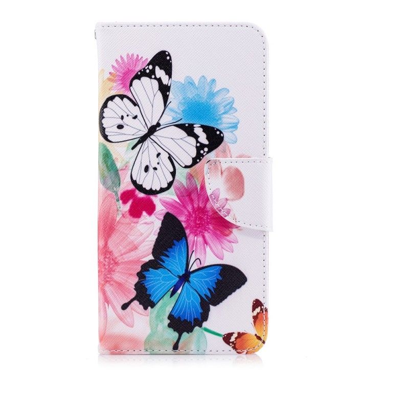 Flip Case Leren Huawei P20 Pro Rose Geschilderde Vlinders En Bloemen