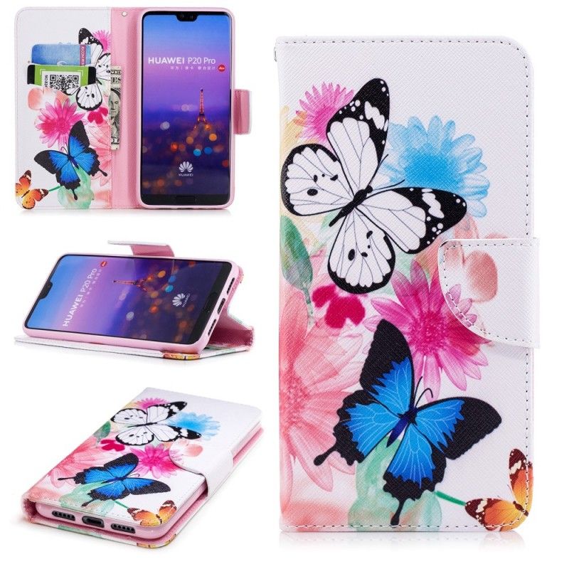 Flip Case Leren Huawei P20 Pro Rose Geschilderde Vlinders En Bloemen