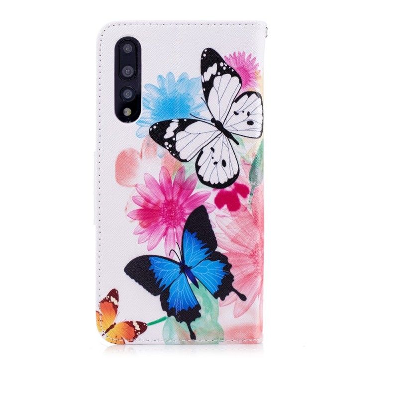 Flip Case Leren Huawei P20 Pro Rose Geschilderde Vlinders En Bloemen