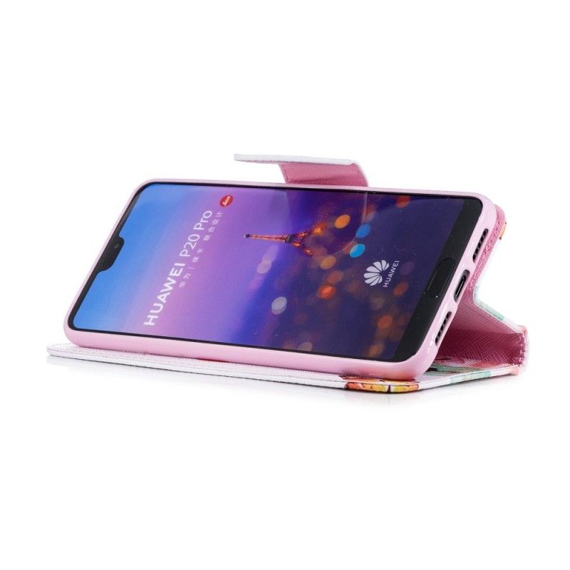 Flip Case Leren Huawei P20 Pro Rose Geschilderde Vlinders En Bloemen