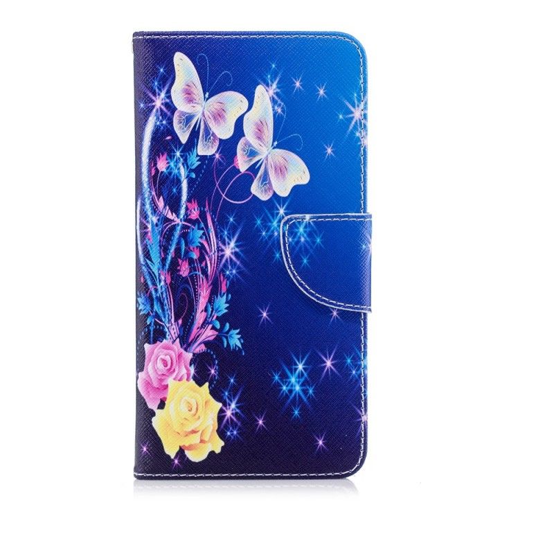 Leren Hoesje Huawei P20 Pro Lichtblauw Roze Vlinders In De Nacht