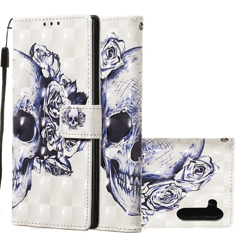 Flip Case Leren Samsung Galaxy Note 10 Gebloemde Schedel