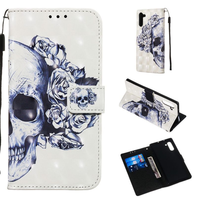 Flip Case Leren Samsung Galaxy Note 10 Gebloemde Schedel